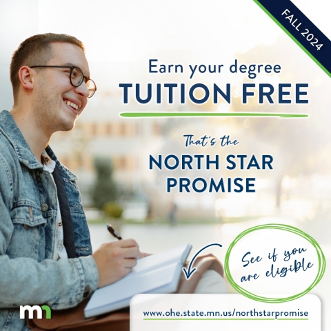 Earn your degree tuition free. That is the North Star Promise (young male college student smiling)