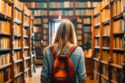 Female college student walking in the library